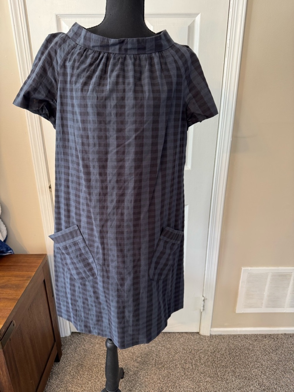 Navy Check Short-Sleeve Mini Dress with Front Pockets
